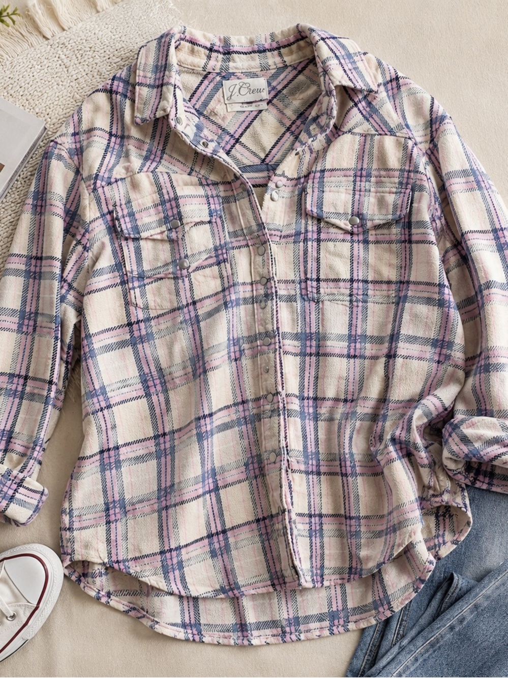 J.Crew Relaxed Plaid Flannel Shirt Small 100% Cotton Pastel Shacket